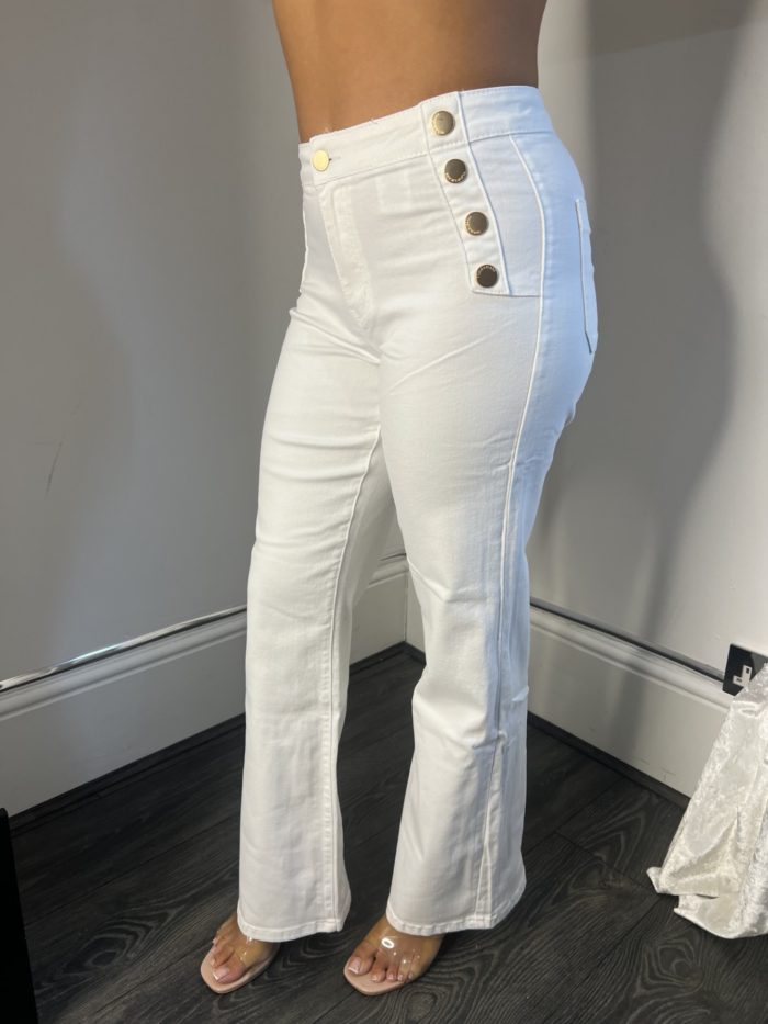 White Flared Jeans With Gold Button Detail - Image 2