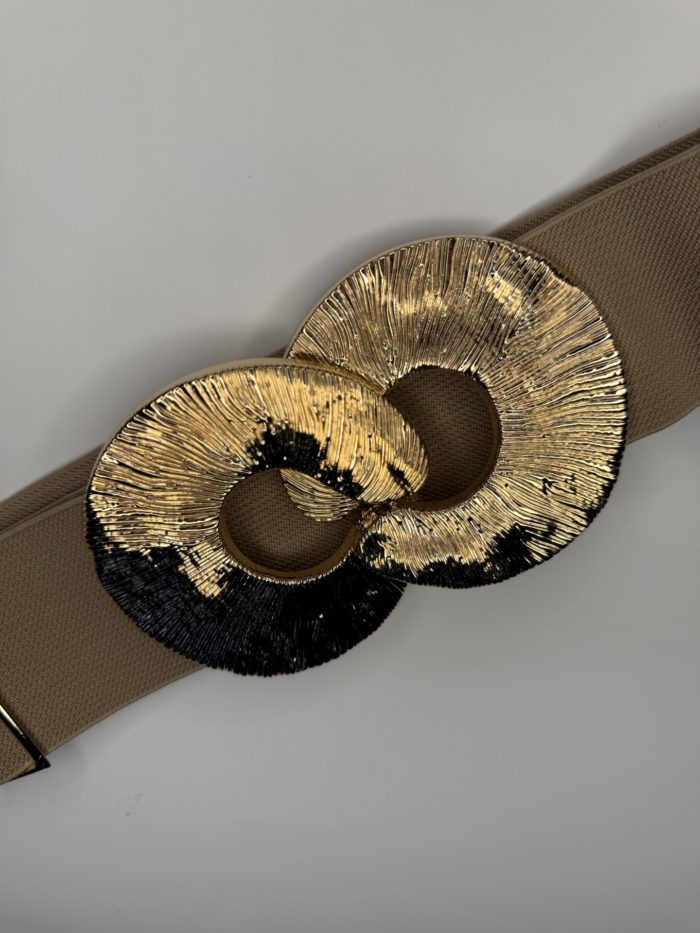 Taupe Elasticated Belt With Gold Interlock Circle Detail - Image 2