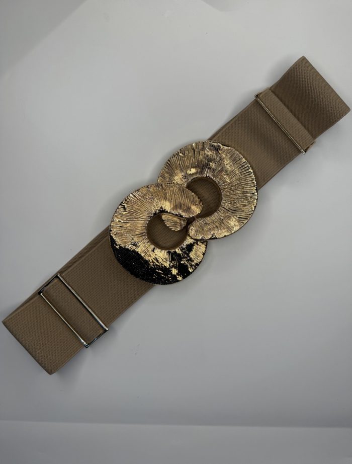 Taupe Elasticated Belt With Gold Interlock Circle Detail