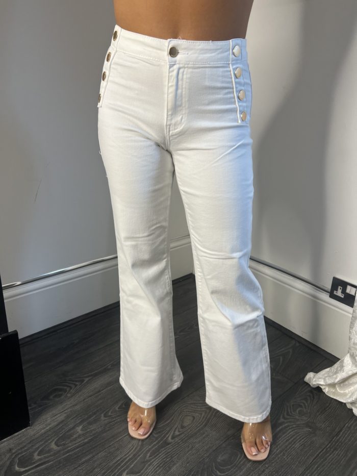 White Flared Jeans With Gold Button Detail