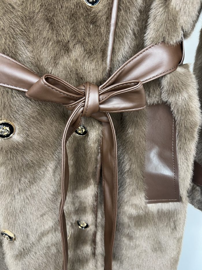 Faux Fur Military Button Overcoat With Tie Up Detail - Image 4
