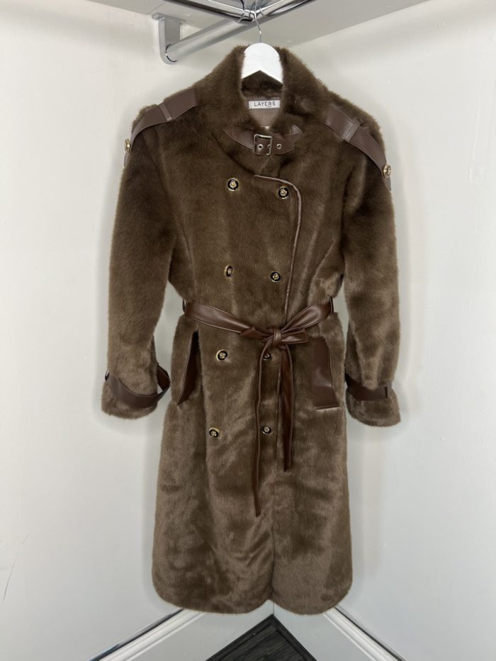 Faux Fur Military Button Overcoat With Tie Up Detail - Image 3