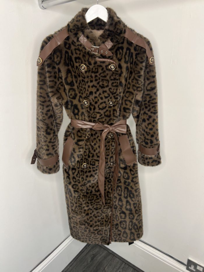 Faux Fur Military Button Overcoat With Tie Up Detail