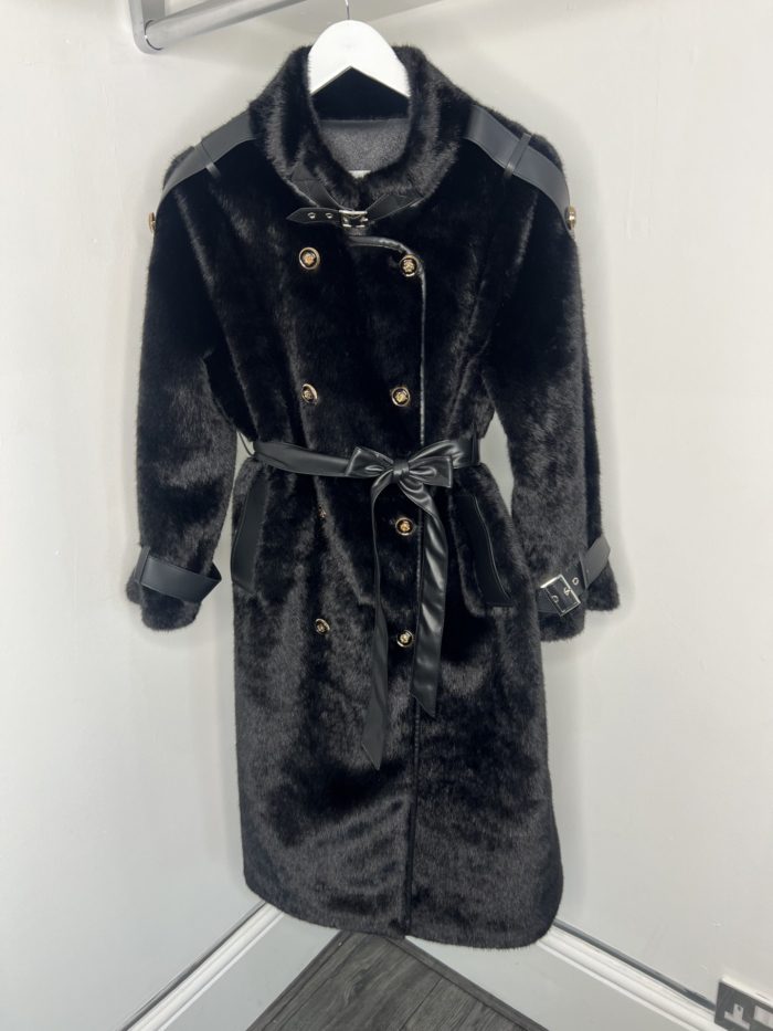 Faux Fur Military Button Overcoat With Tie Up Detail - Image 5