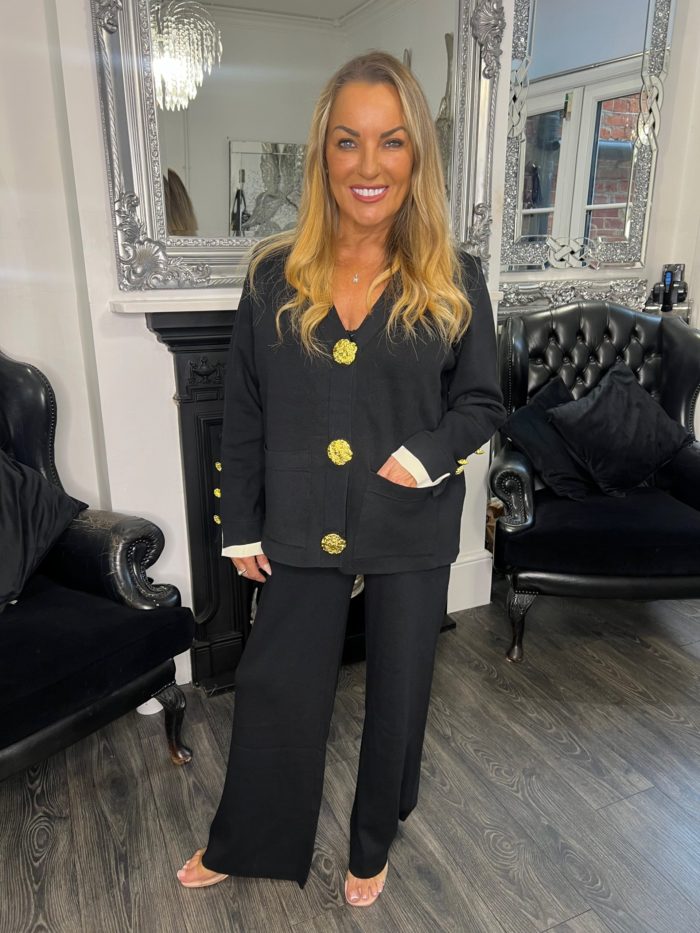 Knitted Gold Button Cardigan With Contrast Cuff's And Wide Leg Trouser Co-ord - Image 2