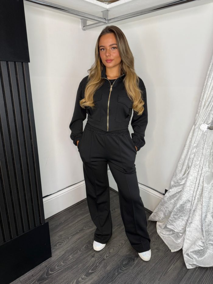 Black Corset Style Tracksuit With Flared Trousers