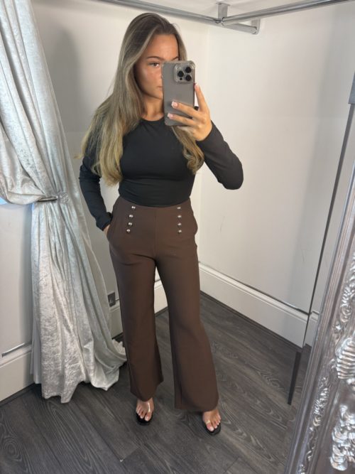 brown suit trousres silver buttons