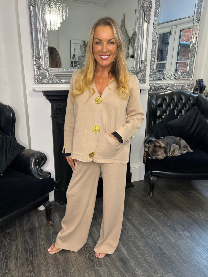 Knitted Gold Button Cardigan With Contrast Cuff's And Wide Leg Trouser Co-ord