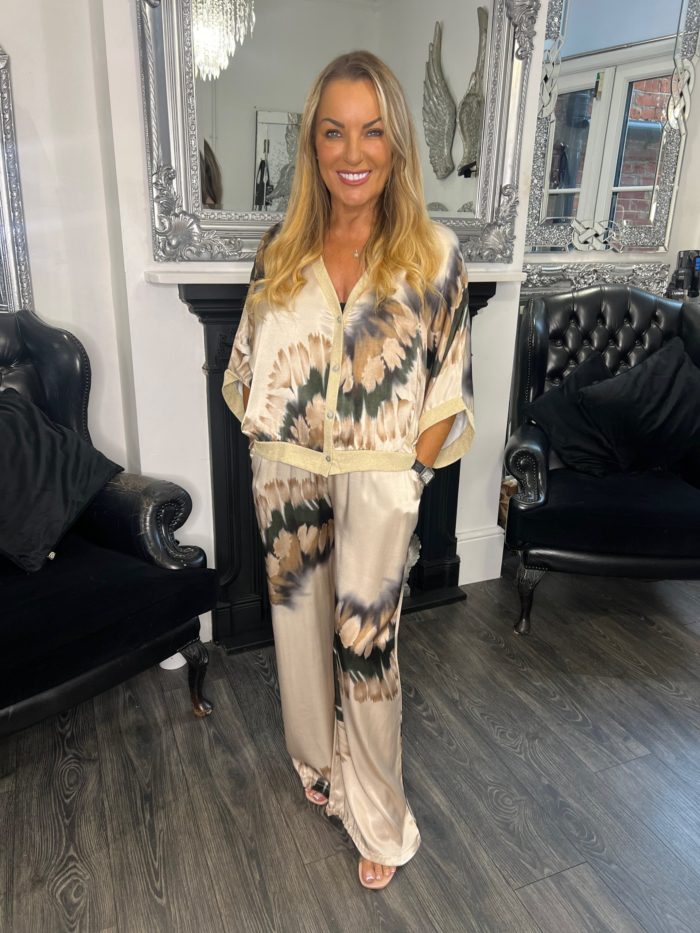 Satin Feel Bomber Jacket And Wide Leg Trouser Set