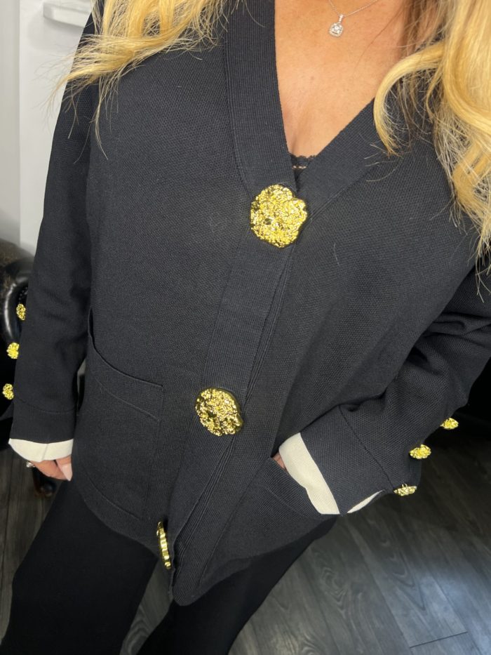 Knitted Gold Button Cardigan With Contrast Cuff's And Wide Leg Trouser Co-ord - Image 5