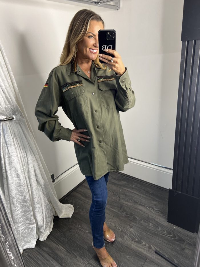Khaki Military Style Jacket With Sequin Detail