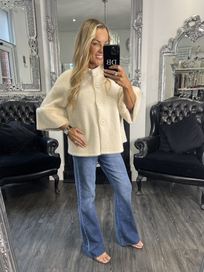 Cream Thick Knit Cardigan With Fluffy Cuff Detail