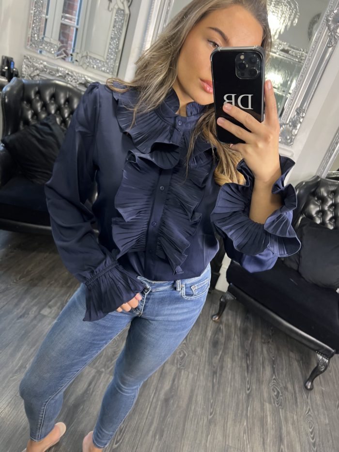 Navy Blue Ruffle Detail Blouse - Image 2