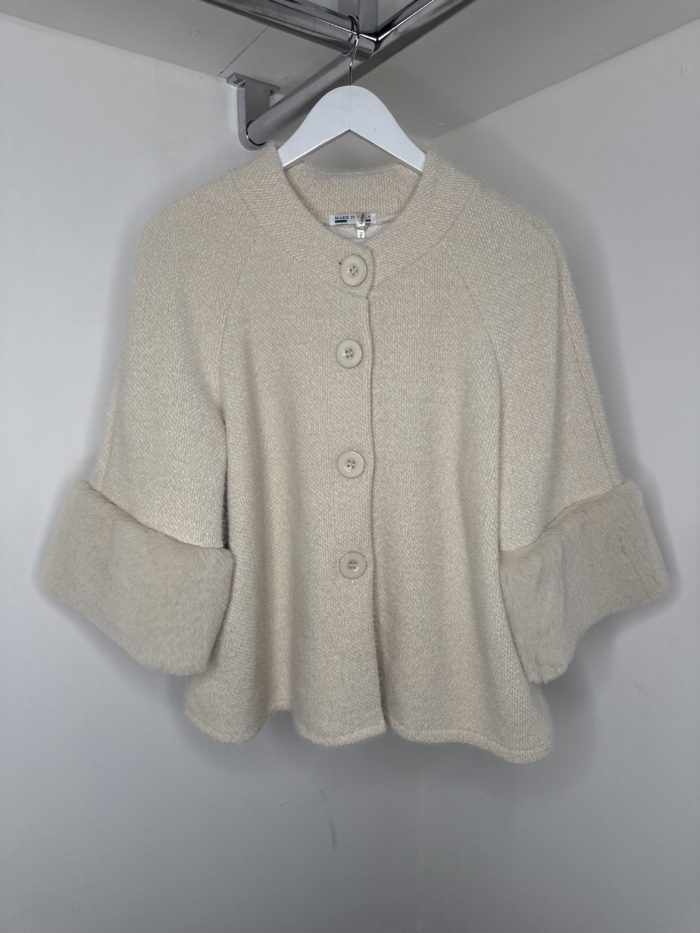 Cream Thick Knit Cardigan With Fluffy Cuff Detail - Image 2