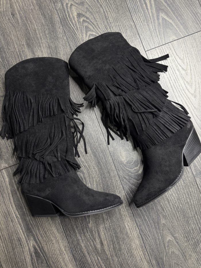 Black Fringed Layered Cowboy Boots