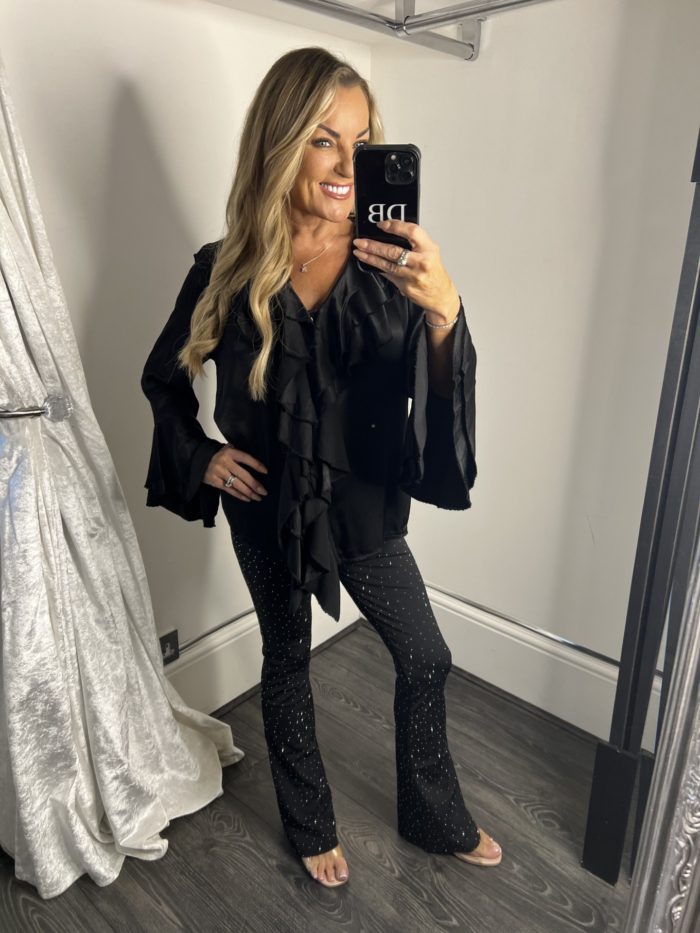 Black Satin Ruffle Detail Blouse