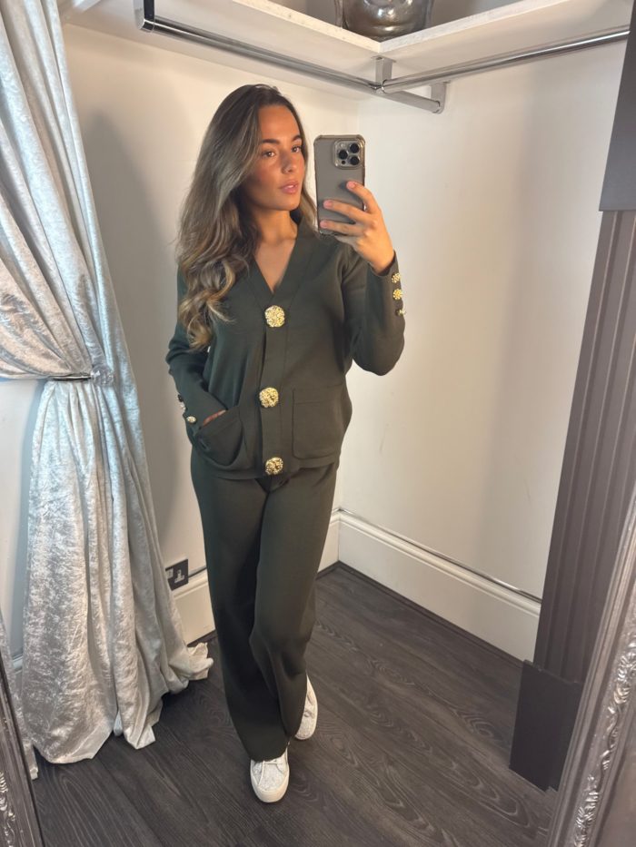khaki gold button lounge