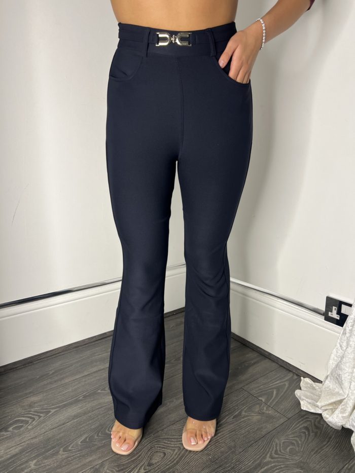 navy buckle flared trousres