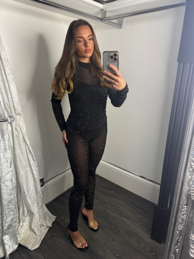 Diamante Sheer Jumpsuit With Bodysuit Insert - Image 2