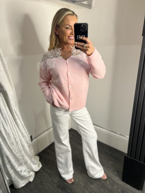 pink jumper white laceshoulderdonna