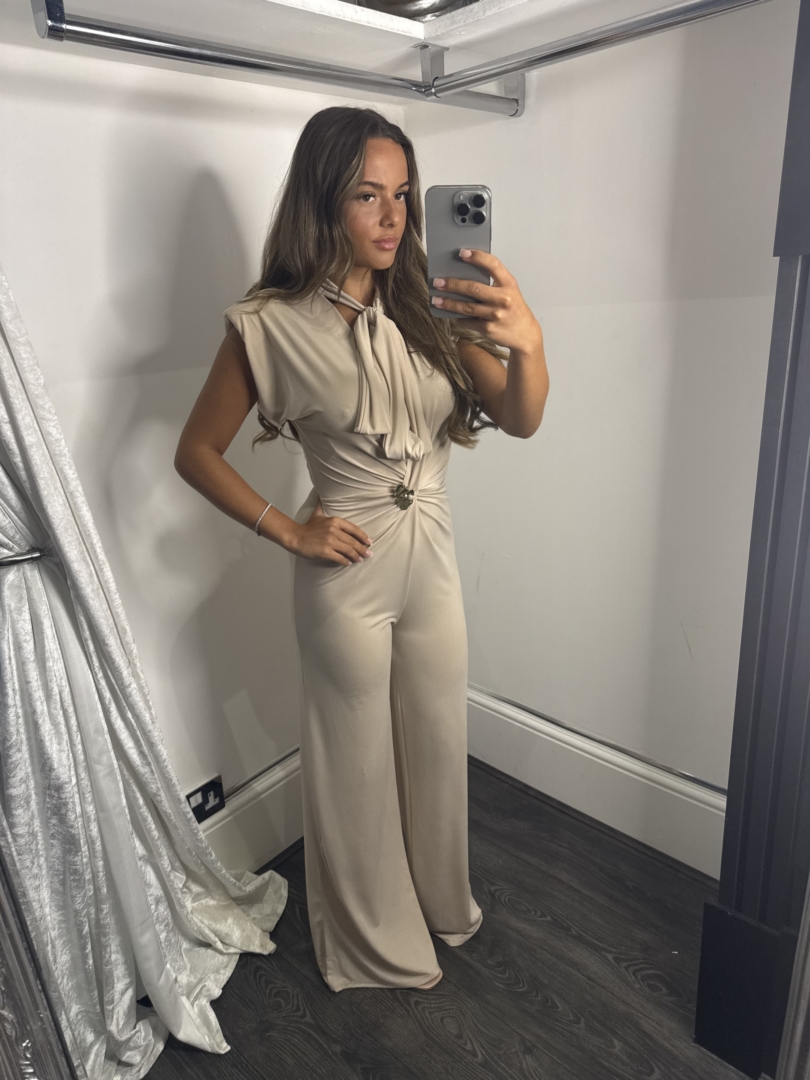 Deep V Neck Jumpsuit With Gold Broach And Tie Neck Detail - Image 2
