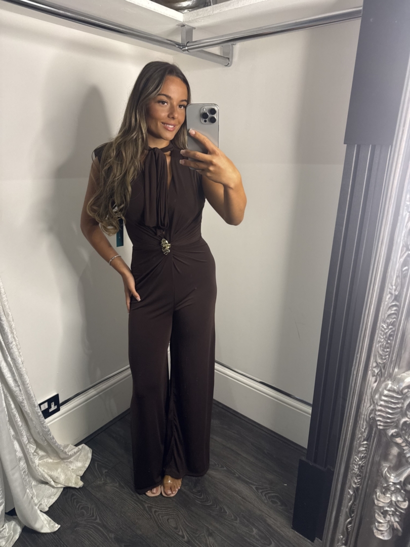 Deep V Neck Jumpsuit With Gold Broach And Tie Neck Detail - Image 4