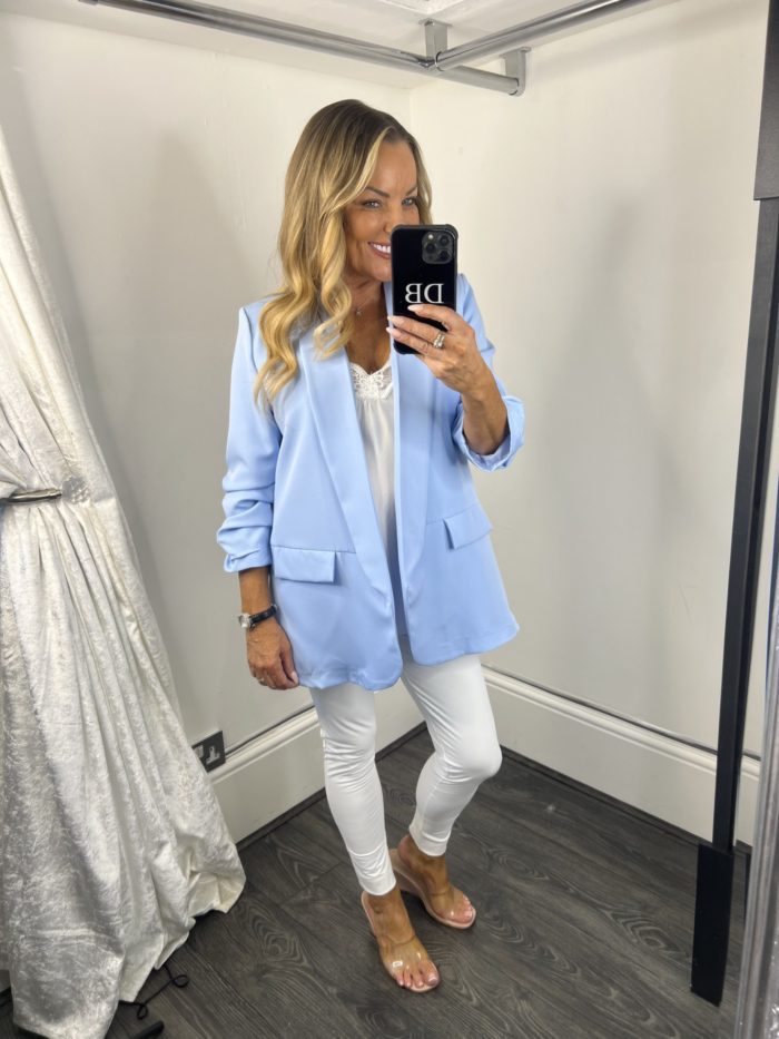 baby blue ruched blazer