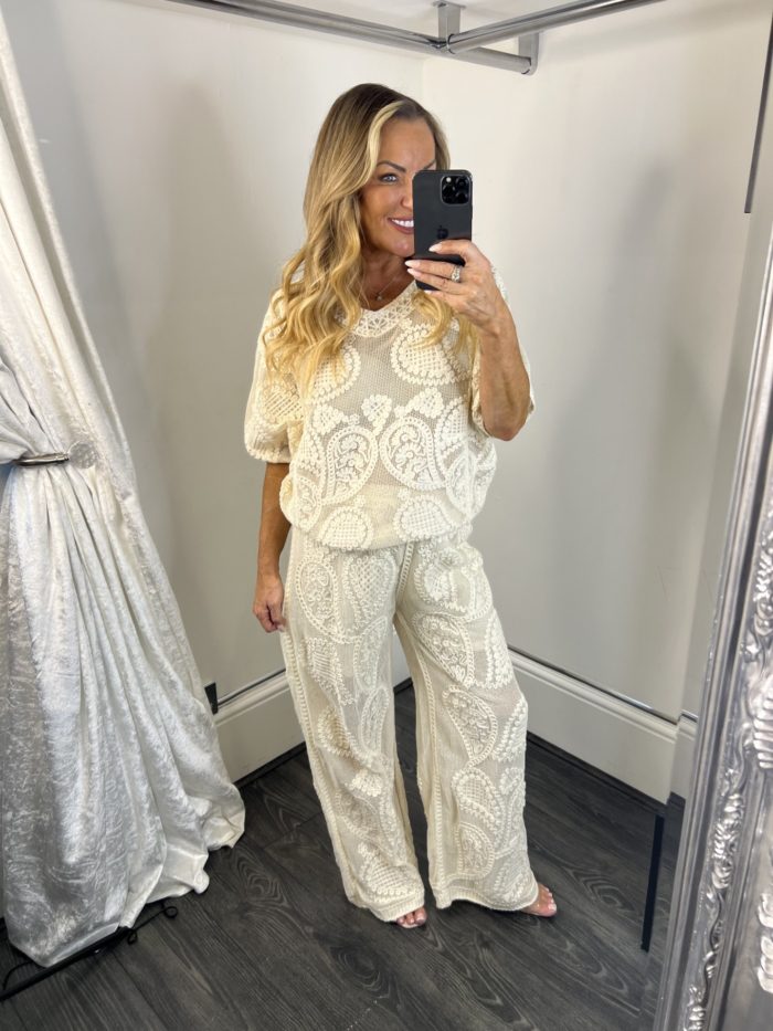 beige croxchet trouser aqndf 6top coo9rds