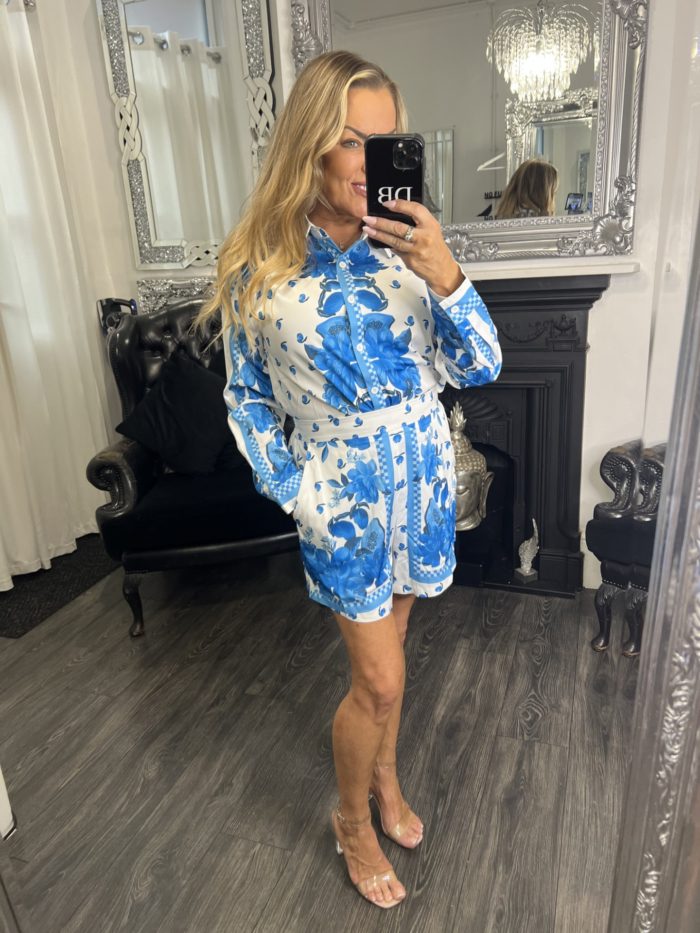 blue and pink floral shirt shorts et