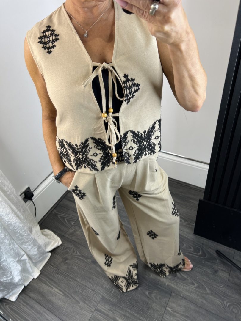 Two Tie Embroidery Detail Waistcoat And Wide Leg Trousers Co-ord - Image 4