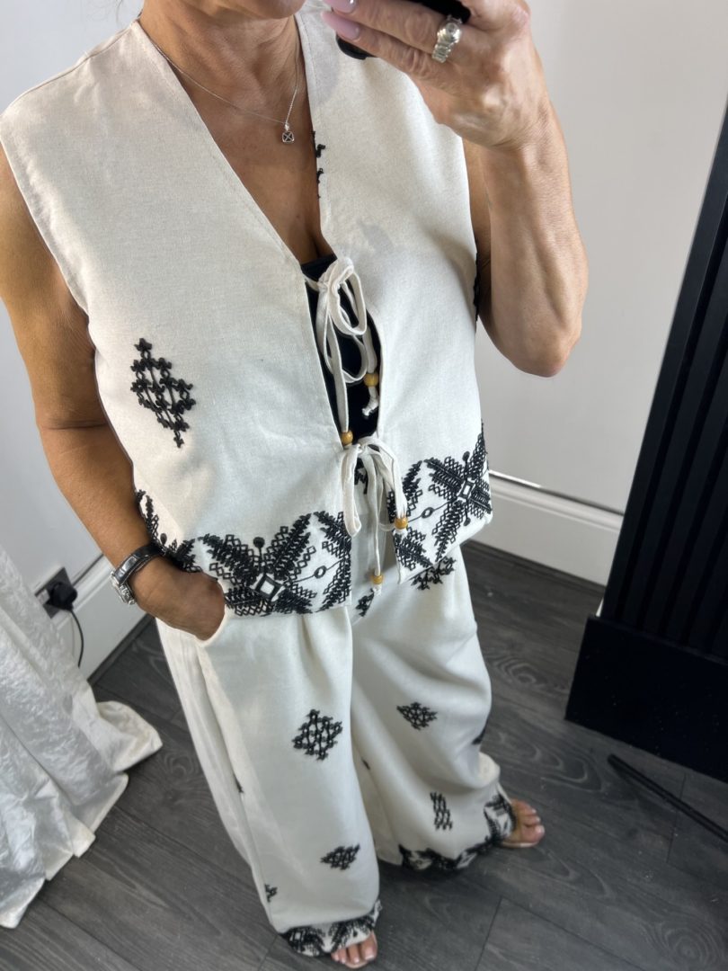 Two Tie Embroidery Detail Waistcoat And Wide Leg Trousers Co-ord - Image 6