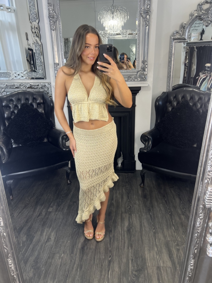 gold metaqllic halterneck top and skirt coord