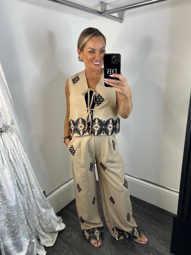 Two Tie Embroidery Detail Waistcoat And Wide Leg Trousers Co-ord - Image 2