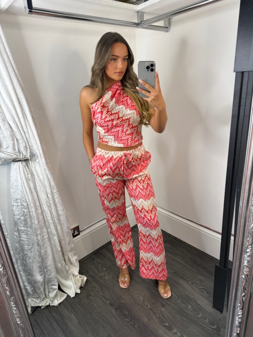 Satin Feel One Shoulder Top & Wide Leg Trouser Set - Image 2