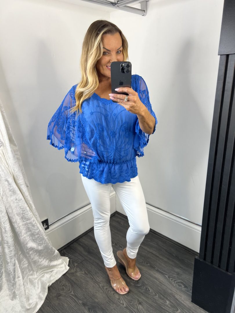 Lace Butterfly Top With Sheer Batwing Style Sleeves - Image 2