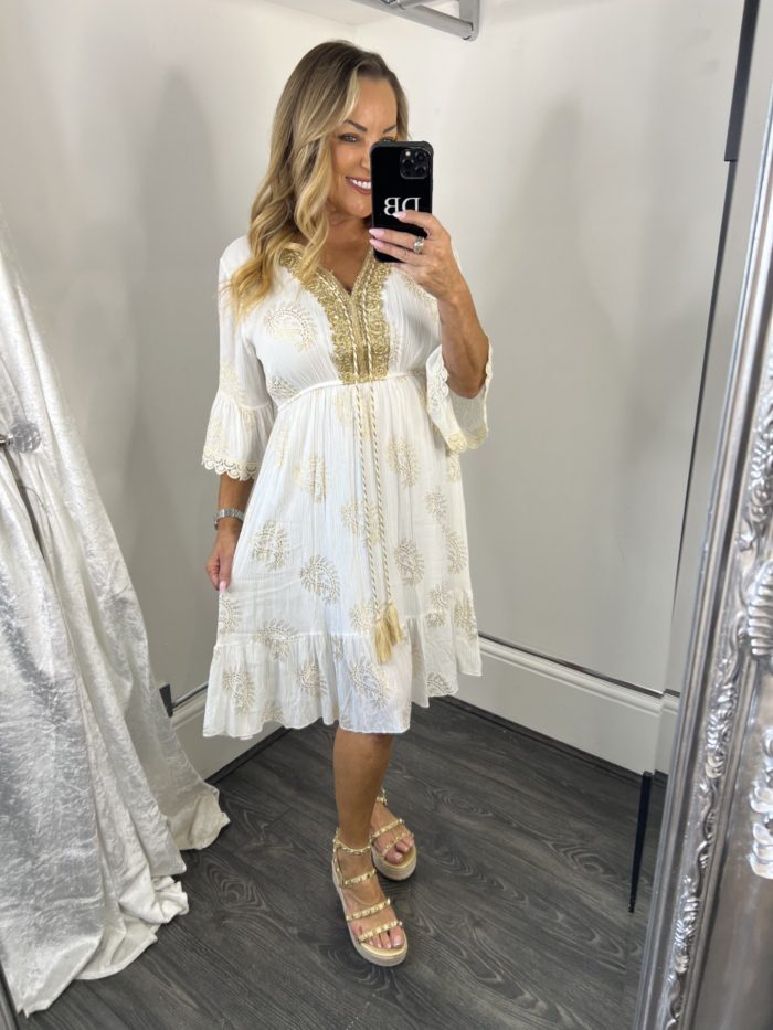 white and gold cute dress
