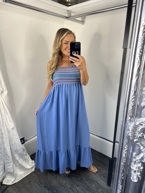 blue multi colured stutchiubgg dress