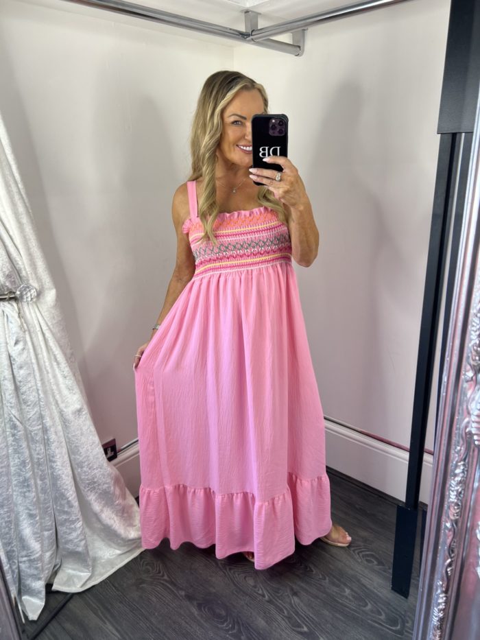pink m ulti colured stitchi8ng dr4ess